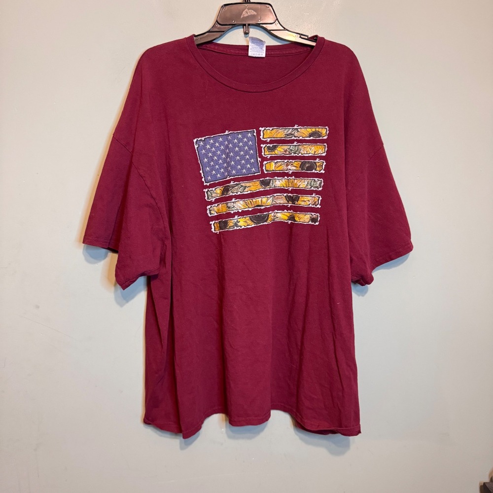 Delta Pro Weight Mens Sunflower American Flag Graphic T-Shirt Maroon 3XL